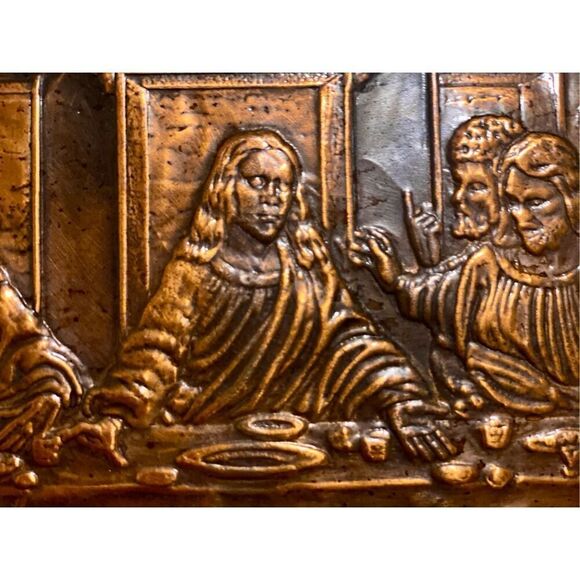Da Vinci 'The Last Supper' in Copper Metal Tooled Relief German Art Picture Vint - Picture 6 of 6